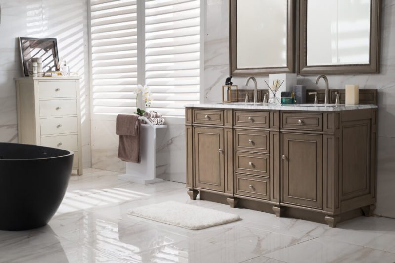 60 Inch Double Sink Bathroom Vanity in White Washed Walnut