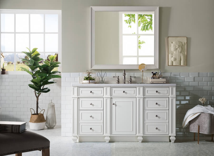 60 Inch Single Sink Bathroom Vanity in Bright White with Choice of Top