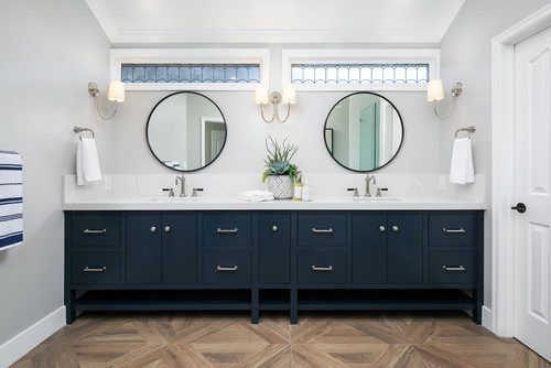 Blue Bathroom Vanity With Beige Walls